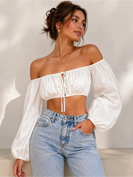 Missguided + Tops - Missguided White Off Shoulder Puff Sleeve Crop Top Size M Cottagecore Boho NWT
